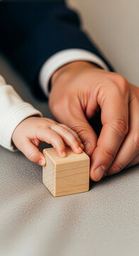 Father in business suit baby hand symbolizing paternity guiding leave benefits
