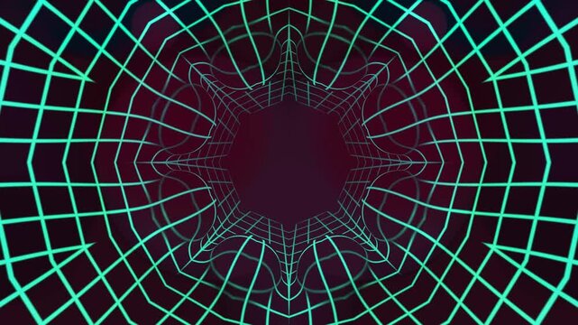 Abstract neon grid tunnel with symmetrical geometric lines, glowing purple and red tones, futuristic motion background, digital depth and perspective effect.