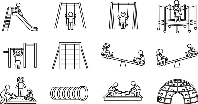 Collection of playground equipment icons featuring children playing on slides swings trampolines seesaws and sandboxes in a minimalist line art vector style