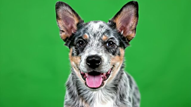 Happy And Playful Puppy With Speckled Fur Smiling Against Bright Green Background