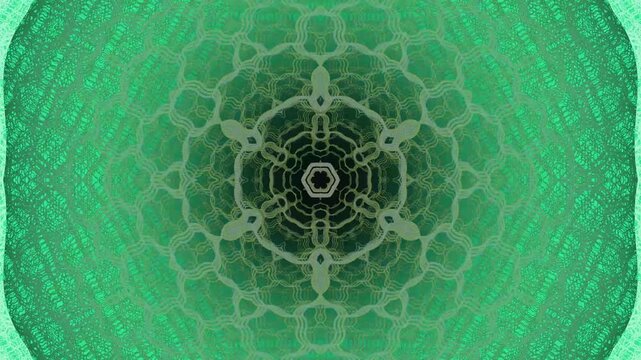 Intricate abstract kaleidoscope pattern with green tones, organic lace-like geometry, symmetrical design, smooth motion background, calming and modern digital art.