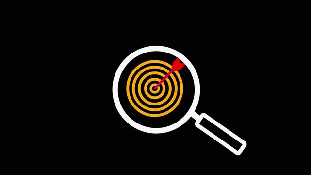 Yellow target with concentric circles hit by red dart on black background precision accuracy symbol concept.