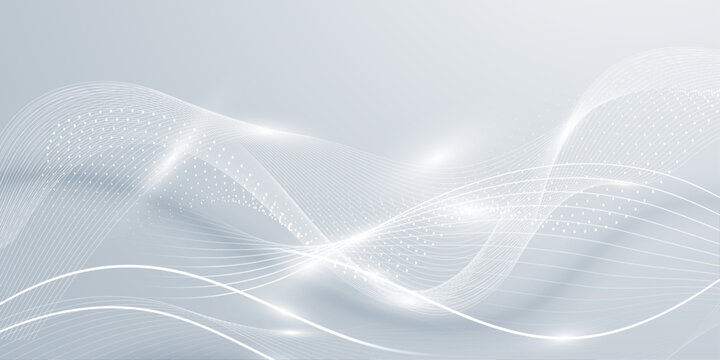 Abstract white digital wave lines and dotted particle arcs on light grey background, modern futuristic technology data flow banner