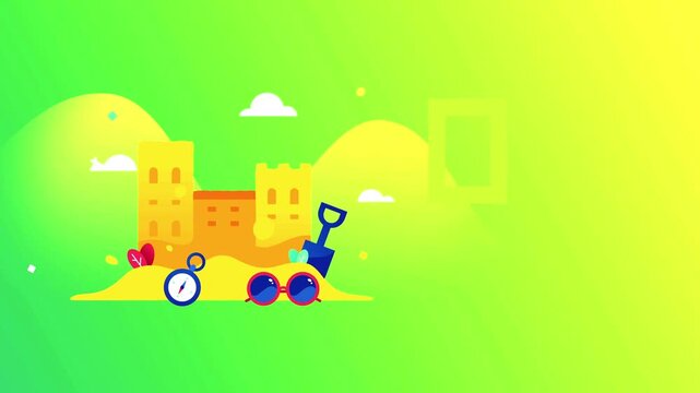 Summer beach vacation animation features a sandcastle with sunglasses and travel icons on green.