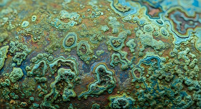 Macro texture of green patina on oxidized metal surface