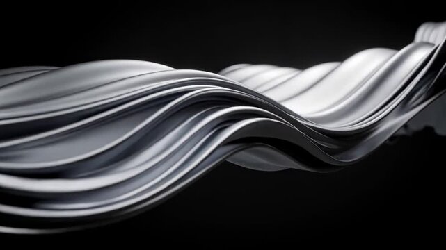 Abstract smooth metallic silver waves flowing dynamically on black background modern design