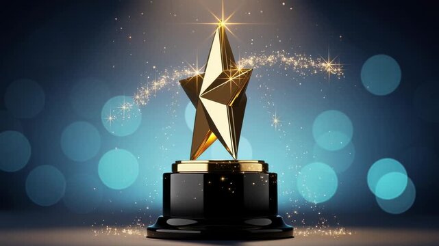 Golden star trophy award with sparkling lights on blue background for celebration and recognition