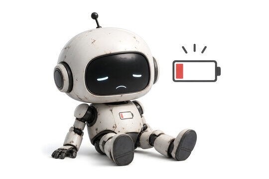 Robot's Battery Drain: A deactivated robot model, with a low-battery symbol overhead, illustrates the concept of technological limits and exhaustion.