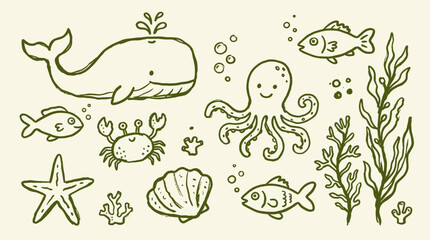 Obraz premium Charming hand-drawn underwater scene featuring a whale octopus crab starfish fish and seaweed in a playful doodle style on a light background