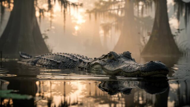 Alligator swimming in swamp at sunrise with misty forest background and calm water reflection