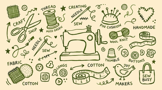 Handmade craft sewing supplies and tools doodle illustration with sewing machine needle thread buttons and fabric for hobby and creative projects