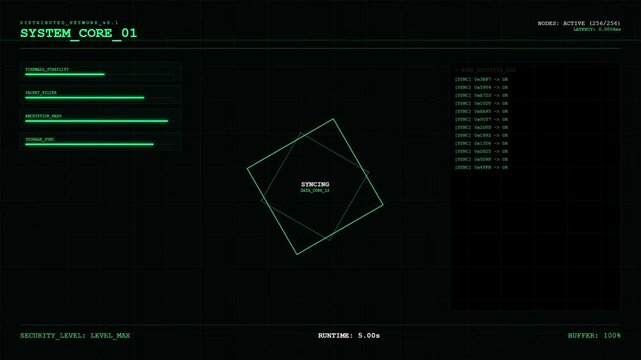 Futuristic Distributed Network System Core Interface with Data Syncing HUD and Digital Green Progress Bars.