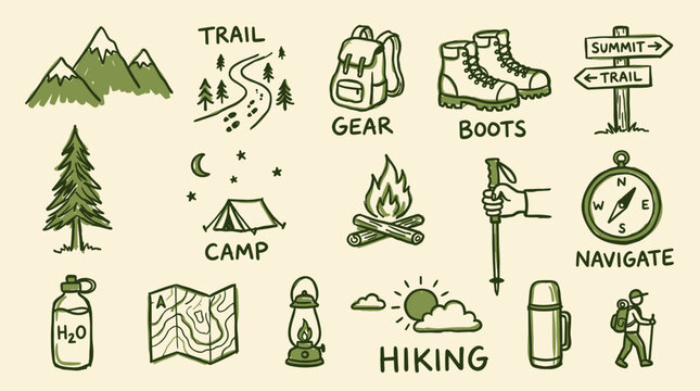 Collection of hand drawn hiking and camping icons representing outdoor adventure gear and activities like navigation, campfire, and mountain trails