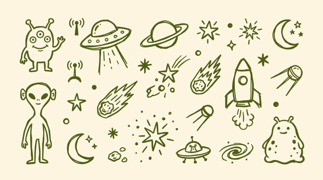 Whimsical doodle collection of space elements including aliens UFOs rockets planets stars and comets hand drawn style on a light background