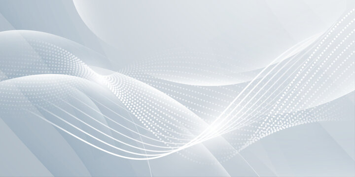 Abstract white wave lines and dotted halftone particles on light grey background, modern futuristic technology data flow banner