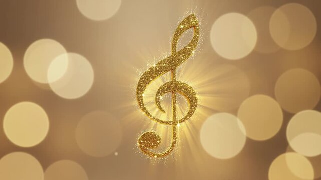 Glowing golden treble clef symbol with sparkling light and bokeh background for music and celebration themes