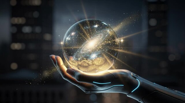 Futuristic robot hand holding glowing galaxy sphere with sparkling stars and cosmic light