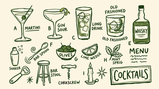 Hand drawn illustration of various cocktails and bar tools in a doodle style with a retro feel
