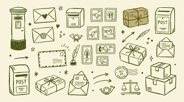 Hand drawn collection of postal service elements including mailboxes letters stamps and packages for communication and delivery concepts