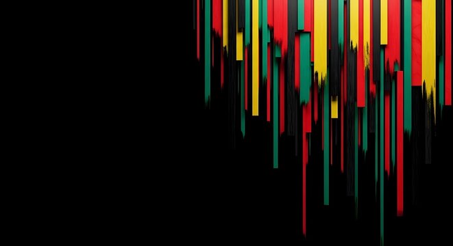 Abstract background with vertical colorful stripes of red, yellow, green, and black dripping on a dark surface