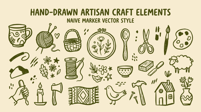 Hand drawn artisan craft elements collection naive marker style illustrations for creative projects and handmade hobbies