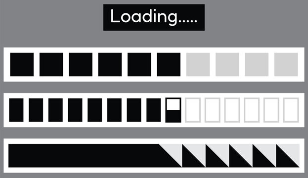 Modern geometric loading progress bar UI kit. Square and triangle Buffer loading icon design patterns for user interfaces. Data status, software processing, or website loading states.