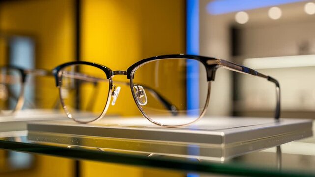 Stylish eyeglasses on display with modern design and clear lenses in a bright retail setting