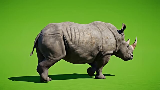 Majestic Rhinoceros Walking Gracefully on a Vibrant Green Background.