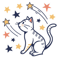 Cute white cat watching shooting stars in night. © cat