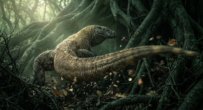 A dynamic shot from a rear perspective, focusing on the dragon&rsquo;s massive, thick tail as it whips around. The tail is the primary focus, showing its incredible girth and power
