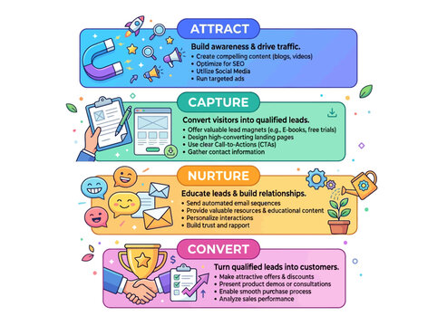 Infographic illustrating a lead generation funnel with four stages