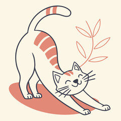 Cartoon cat stretching with plant branch graphic. © cat