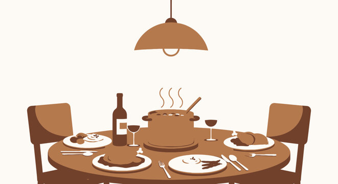 Illustrated dinner table with food and drinks ready for mealtime