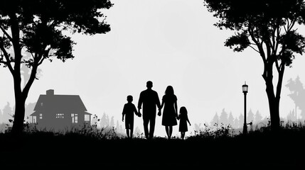 Fototapeta premium Silhouette of a Family Enjoying a Peaceful Evening Stroll Near Their Cozy Home