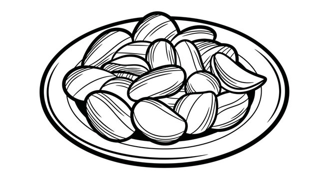 Black and white illustration of roasted peanuts on a white plate