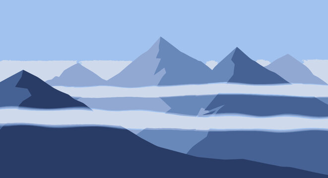 Abstract mountain landscape with overlapping forms and cloudy sky