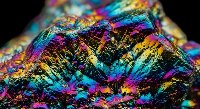 Macro view of iridescent bornite mineral with vibrant rainbow colors