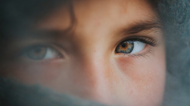 Child's fearful eyes reflecting smoke in a closeup image capturing raw emotion and tension