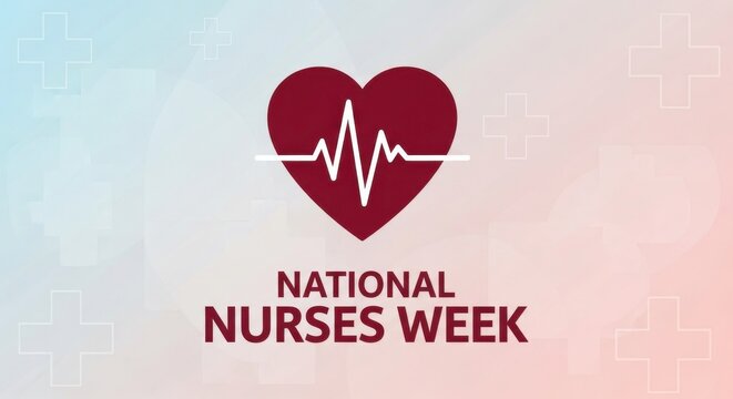 National Nurses Week celebration banner, medical heart with heartbeat line, healthcare appreciation background with cross symbols