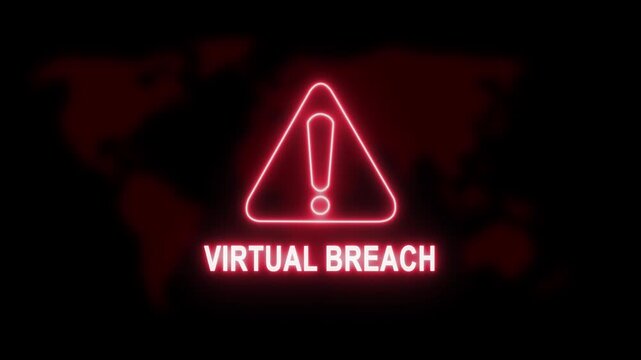 Intense cyber security alert featuring a glowing red warning triangle and virtual breach text overlay against a dark digital map background, for network protection, and data privacy concepts