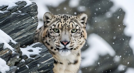 Obraz premium snow leopard portrait in snowy mountain landscape