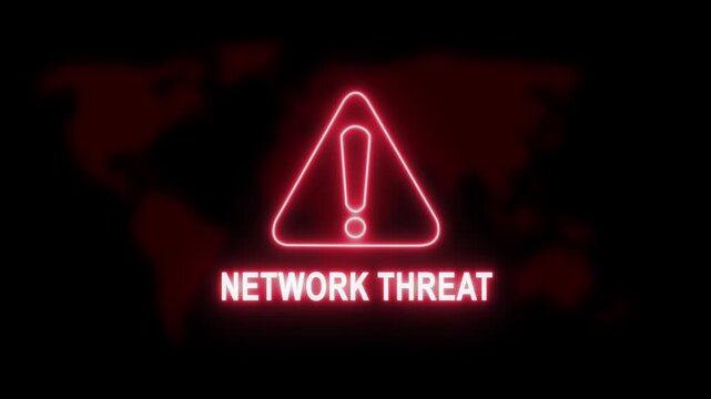 Digital cybersecurity alert featuring a glowing red neon warning triangle symbol and network threat text overlay against a dark blurred map background, for global internet, security concepts, and data