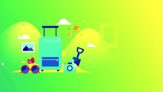 Travel planning animation features a suitcase with sunglasses camera and holiday icons on green.
