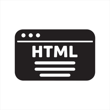 HTML Code Browser Icon, Web Development Symbol, Website Programming Window, Black Silhouette Vector

