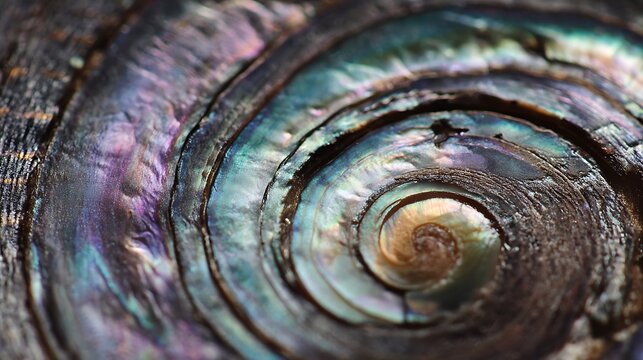 Macro view of iridescent abalone shell spiral texture.