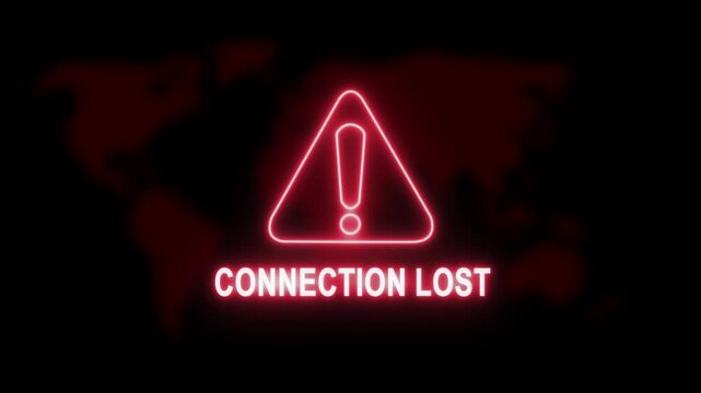 Digital connection lost warning sign with glowing red neon map background, for cyber security, internet failure, network, outage, server error, data breach, and, global communication technology issues