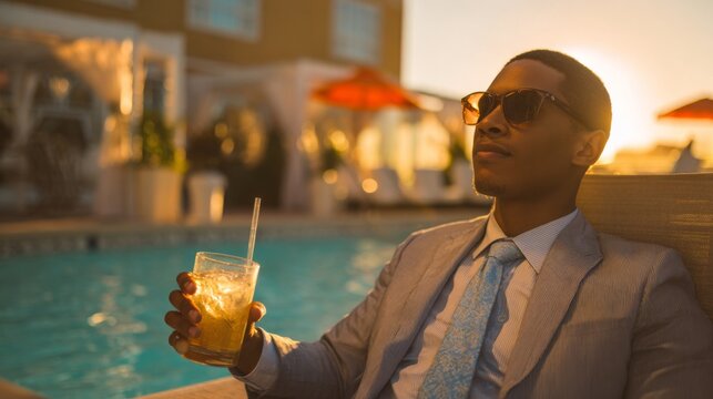 Elegant man enjoying a refreshing drink while relaxing poolside in a stylish suit at sunset, embodying luxury and leisure in a warm outdoor setting