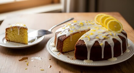 Delicious homemade lemon cake with citrus glaze and fresh lemon slices on a wooden table