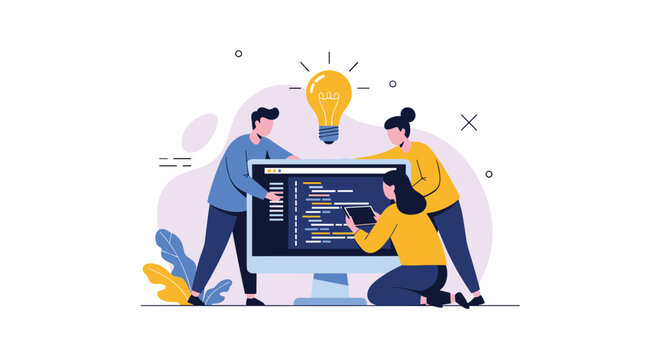 Collaborative team of software developers working together on computer programming project with creative innovation ideas.