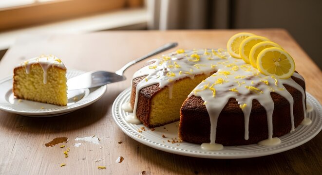 Delicious homemade lemon cake with citrus glaze and fresh lemon slices on a wooden table